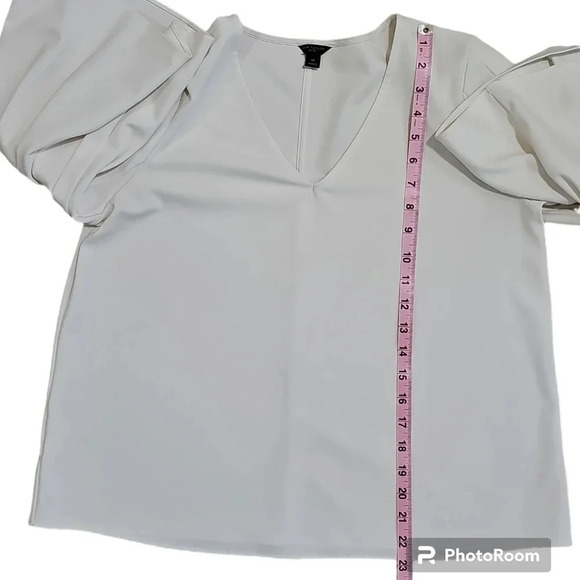 Ann Taylor Medium Petite White V-Neck Blouse Flowy Bell Sleeves Stretch Top Prep - Picture 9 of 9